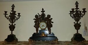 ANTIQUE FRENCH MANTEL CLOCK GARNITURE SET, FIGURAL BRONZED SPELTER & MARBLE,NICE