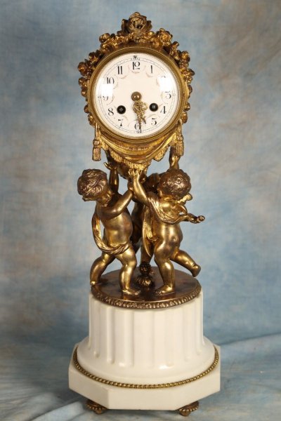 Antique French Gilded Bronze & White Carrara Marble Clock Figural Three Cherubs