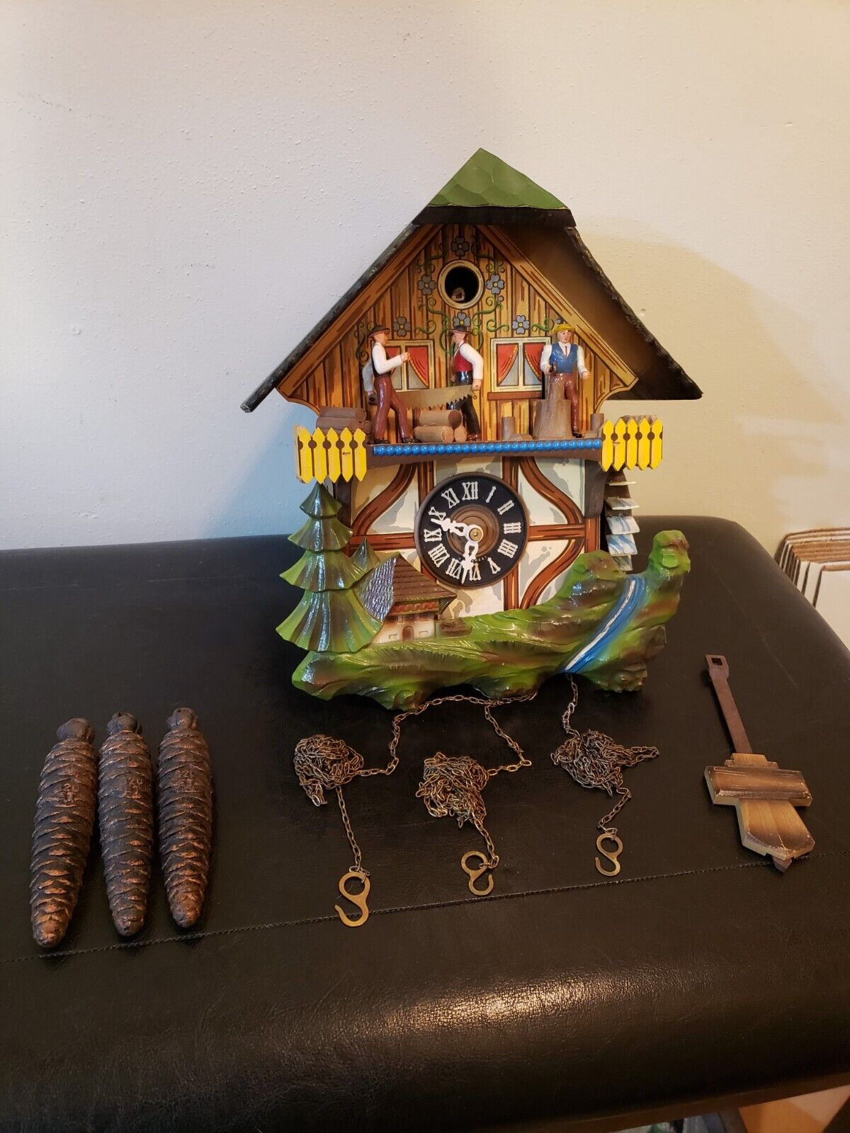 Vintage German E. Schmeckenbecher Black Forest Cuckoo Clock With musical sawmill