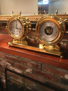 Chelsea Ship'S Bell Clock and Barometer Mounted Desk Set Mariner YACHT WHEEL