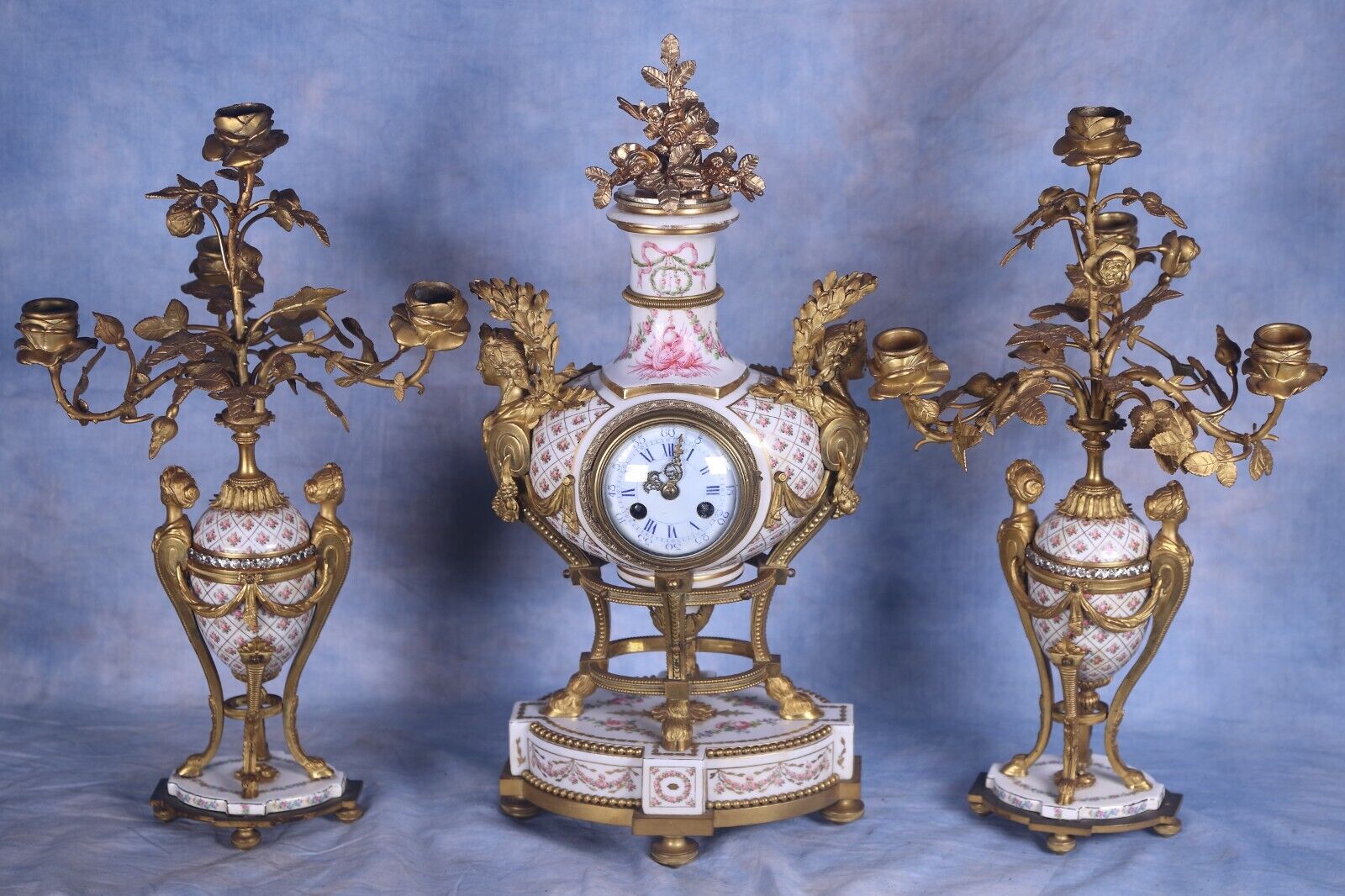 Antique French Very Ornate Gilded Ormolu Dore Bronze Porcelain Clock Garniture