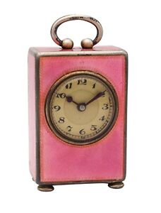 Edwardian 1908 Miniature Travel Clock Sterling With Pink Guilloché Enamel In Box