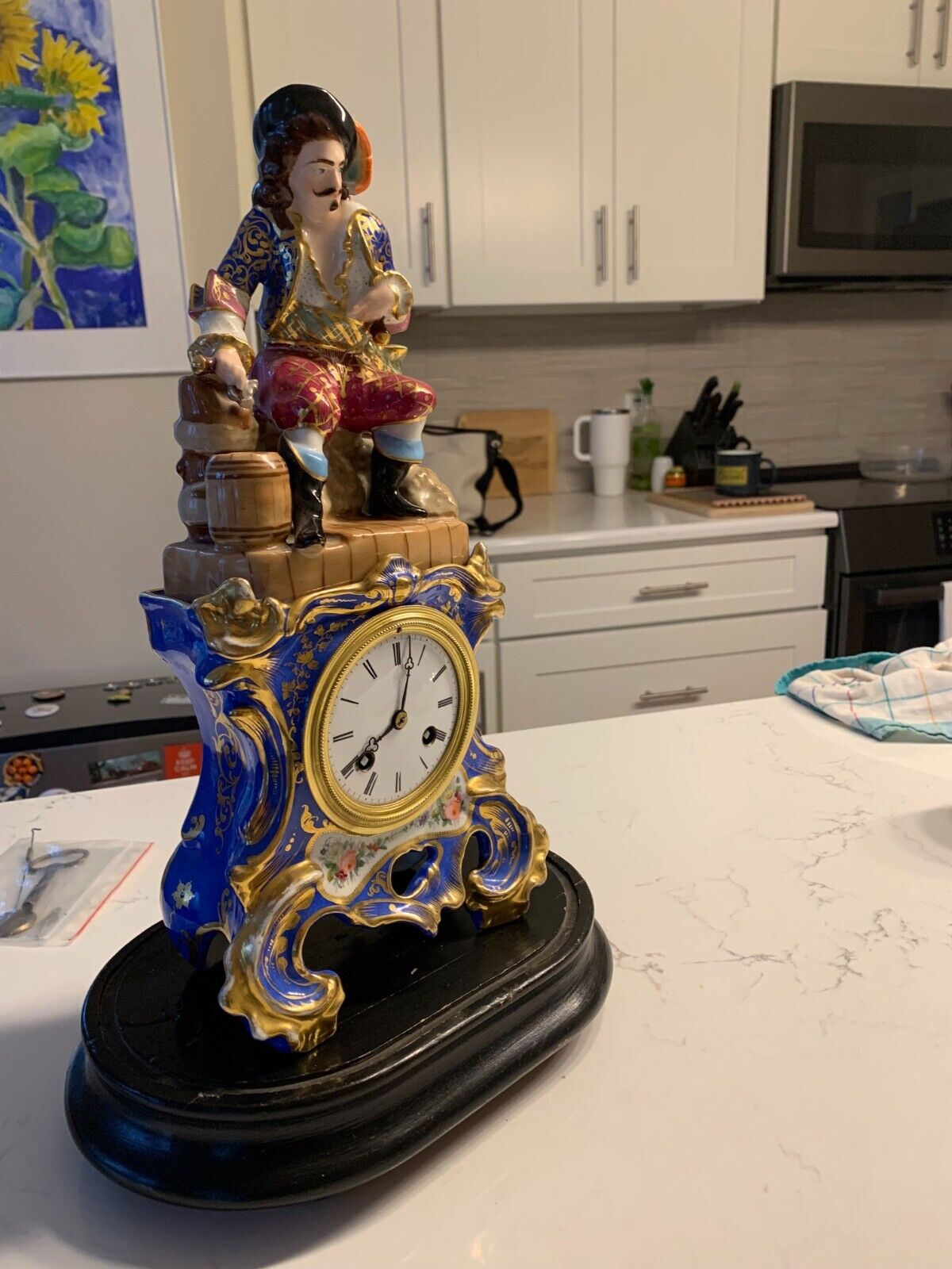 17 "Antique Spanish Porcelain Ceramic Shelf Clock Hernan Cortez