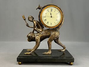 Maitland-Smith Bronze Finish Monkey and Baby Clock with Marble Base