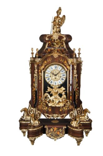 Vintage Le Ore Italian Louis XIV Boulle Style Walnut Marquetry Mantel Clock 41"