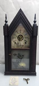 antique J.C. Brown 8 day ripple front steeple mantle clock signed dial 1845 all