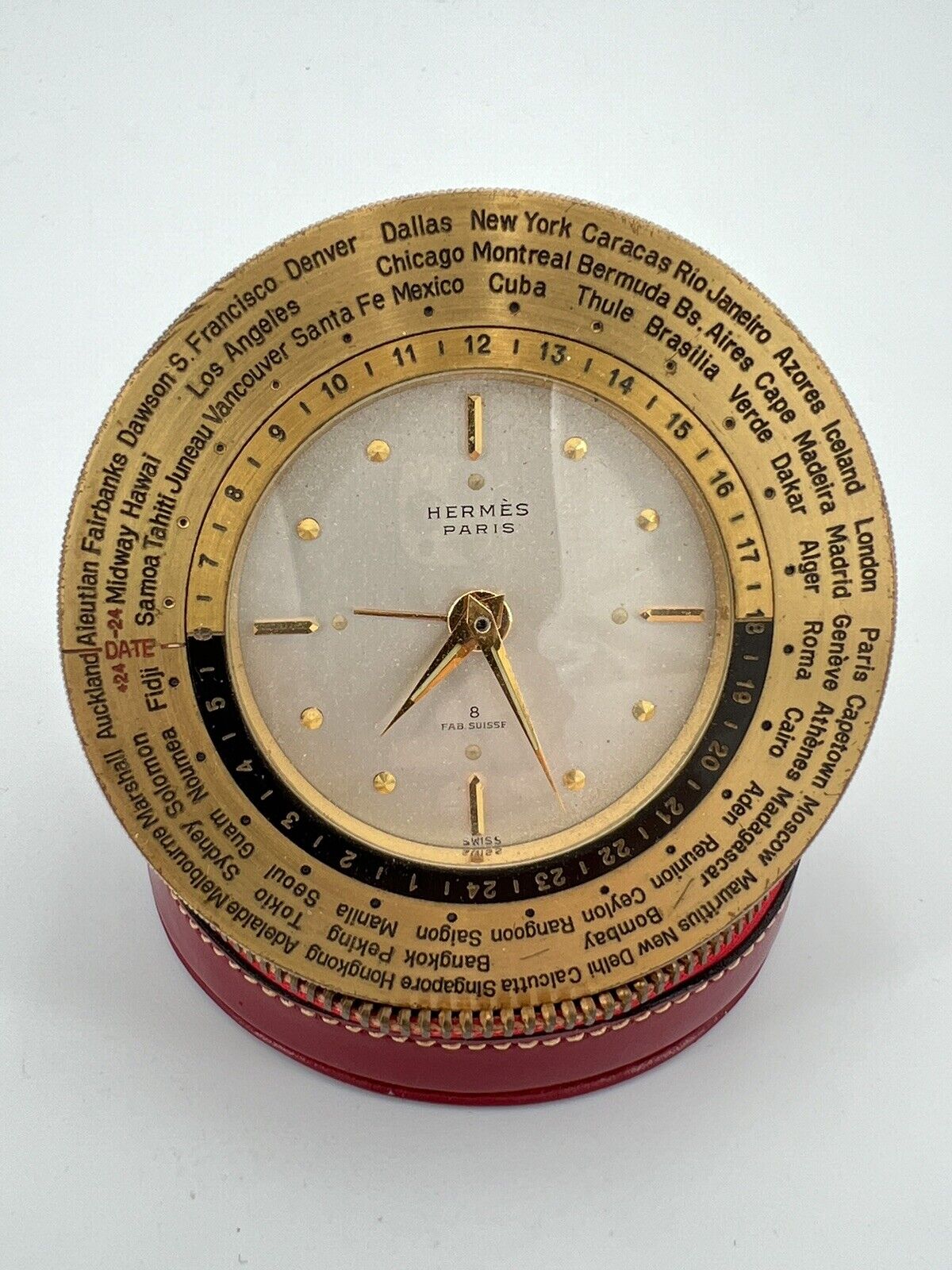 Hermes World Time 8 Day Travel Alarm Clock with Box (23014) 76mm Silver
