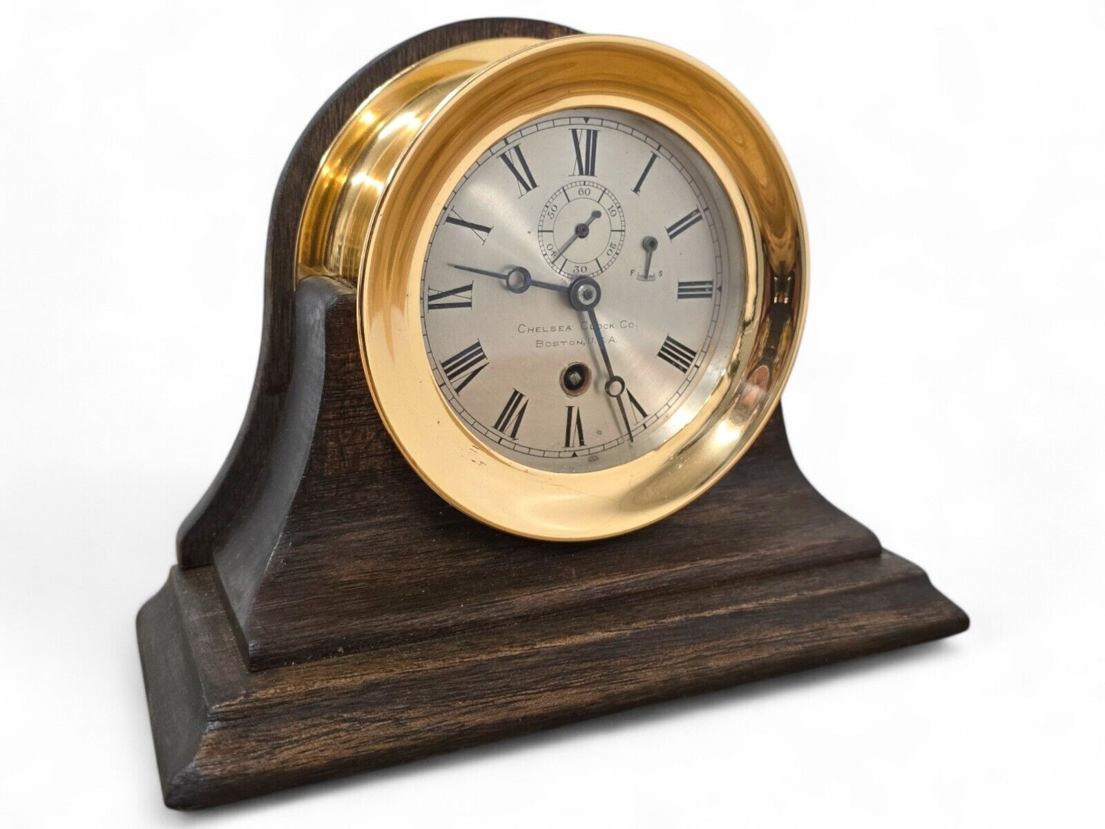 Rare Early 4" Chelsea Ships Clock on Original Wooden Stand -  Ca 1916