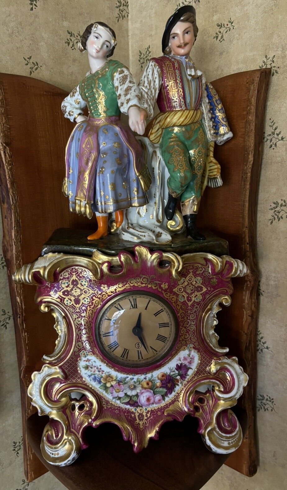 Antique Hand Painted French Porcelain Gilt FIGURATIVE MANTEL CLOCK 19th C Rococo