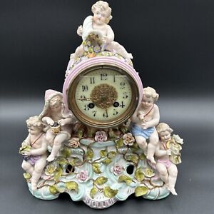 Antique Sitzendorf Porcelain Figural Mantel Clock Putti Example With Cherub