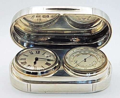 Sterling Silver Travel Clock, Barometer, Thermometer Mappin & Webb London 1911