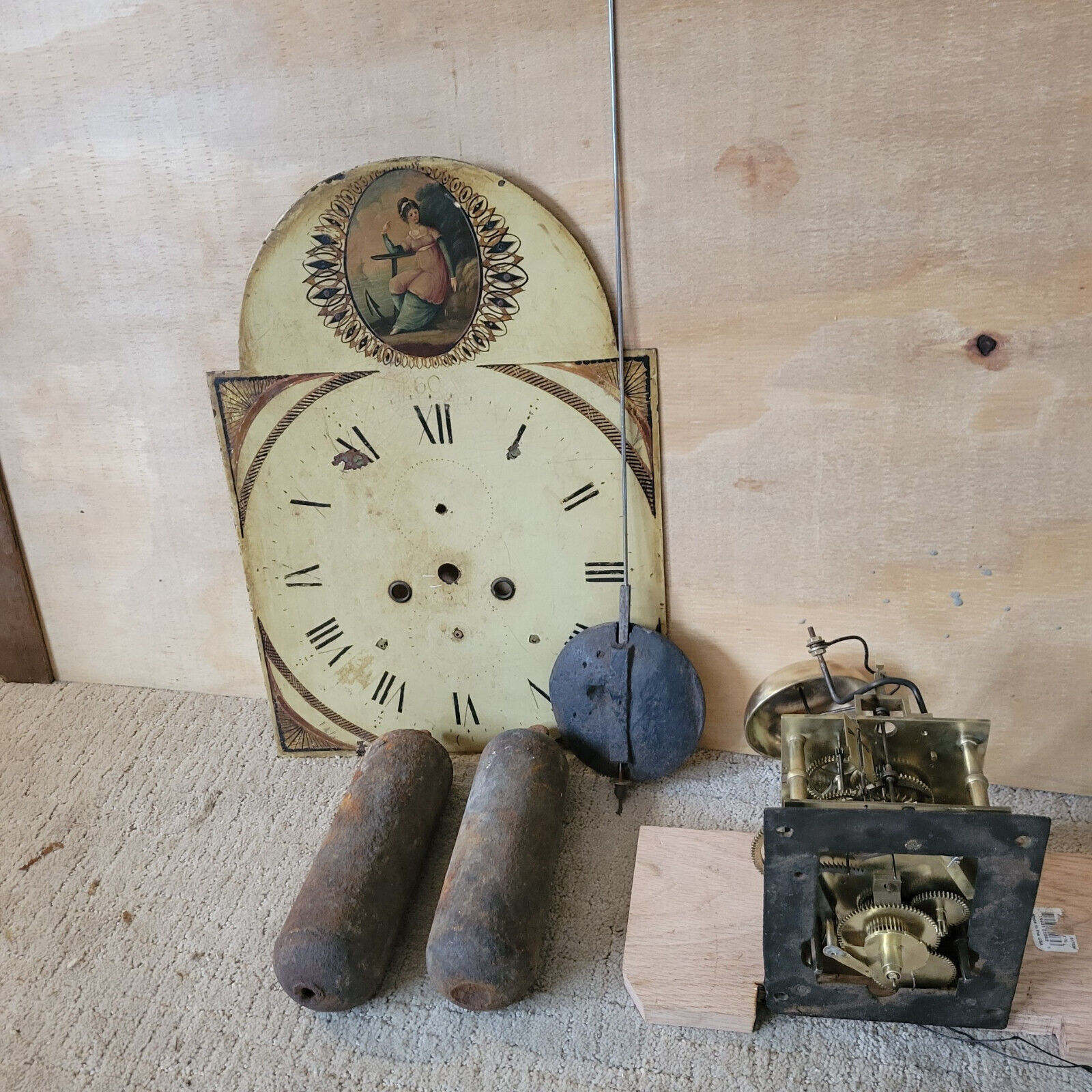 circa 1790 long case clock movement complete with clock face weights & pendulum
