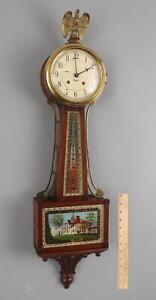 Vintage Chelsea Banjo Clock Reverse Painted Glass Mount Vernon Bronze Eagle