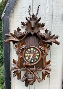 German Black  Forest 3 Horn Trumpeter Cuckoo Clock Running Sounds Good see Video