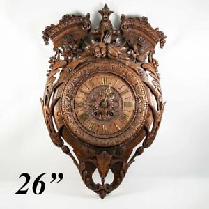 Superb Antique HC Wood French Wall Clock, 26