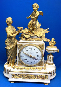 Antique 1840 French Marble & Gilt Bronze Silk Thread Statue Mantel Clock