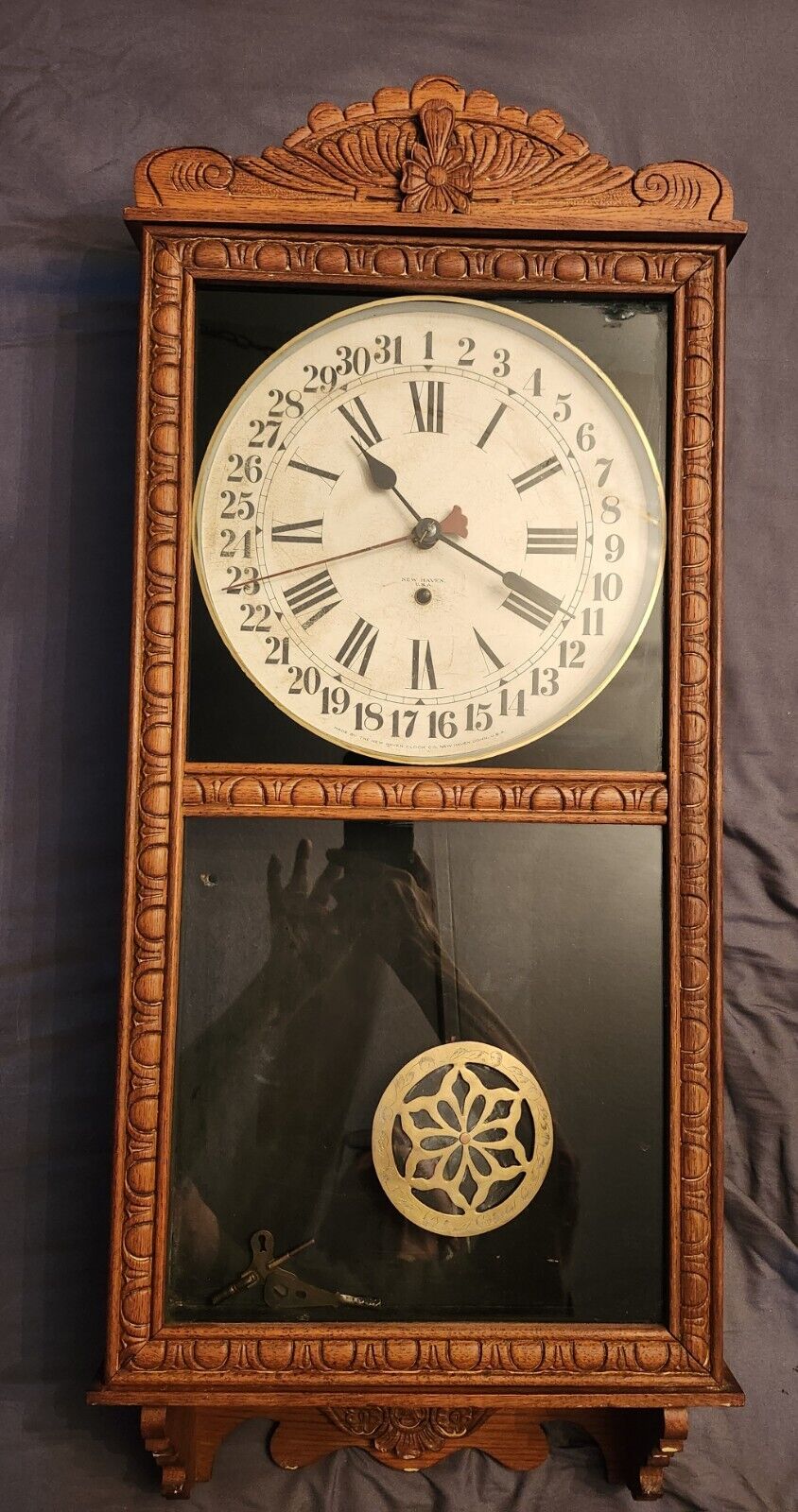 Antique New Haven Wall Clock (Tampa) Spring Driven 8 day And Date Oak HUGE CLOCK