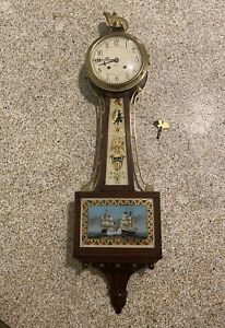 Antique 1927 CHELSEA CLOCK 'US Constitution Ship' Mahogany Banjo Wall Clock 32"
