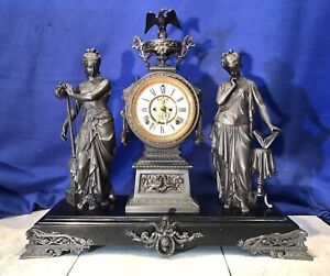 1882 LARGE VINTAGE ANTIQUE USA ANSONIA STRIKE,FIGURAL METAL BRONZE CLOCK