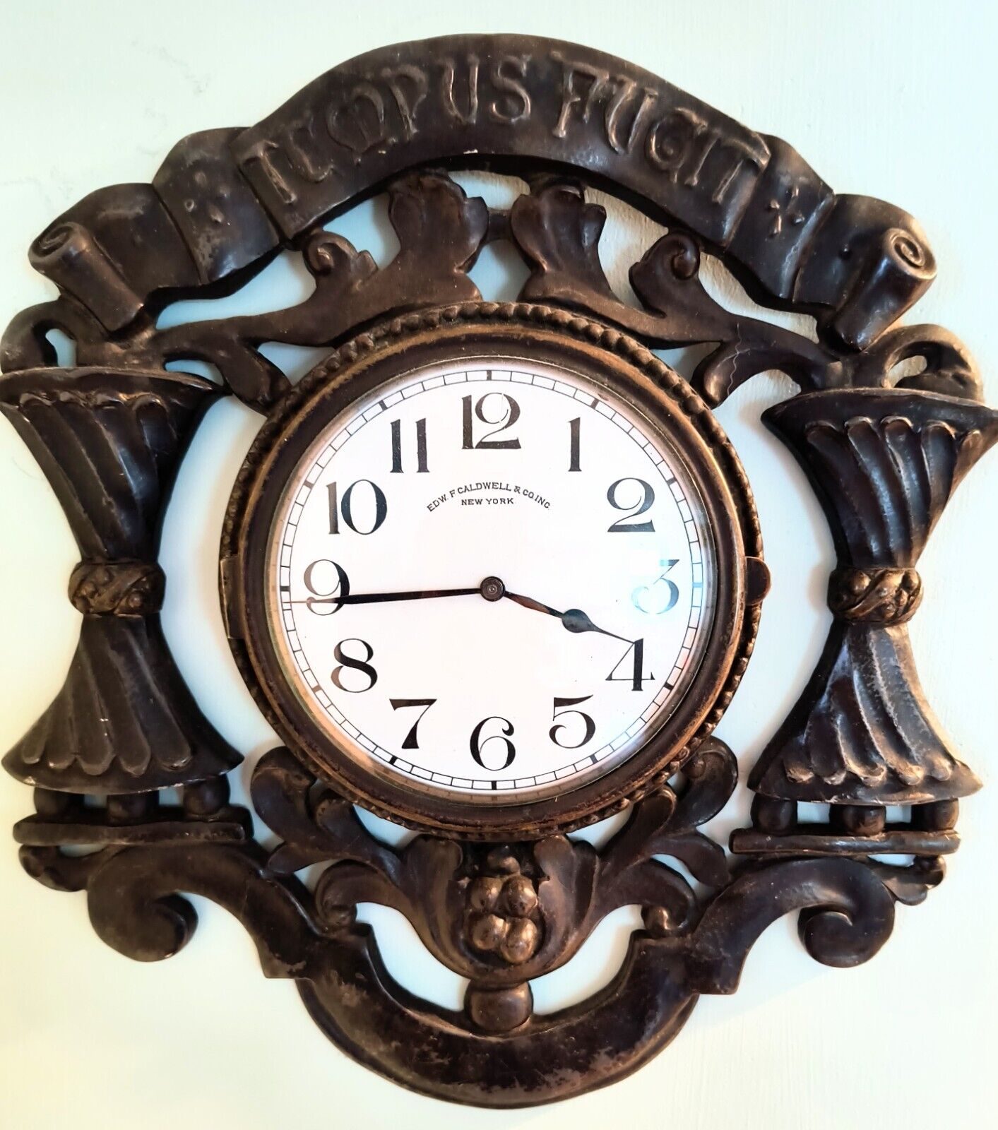 E F Caldwell & Co. Wall Clock Bronze "TEMPUS FUGIT" Time Flies!