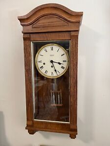 New England Clock Company Wall Clock with Key, Westminster Chime, Oak Case