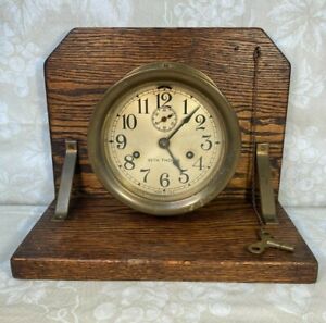 Vintage Seth Thomas Ship's Bell Clock Mounted on Oak Base with Brass 7