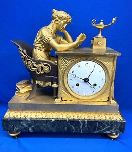 Antique 1820 French Empire Bronze Gilt & Marble Mantel Clock With Calendar