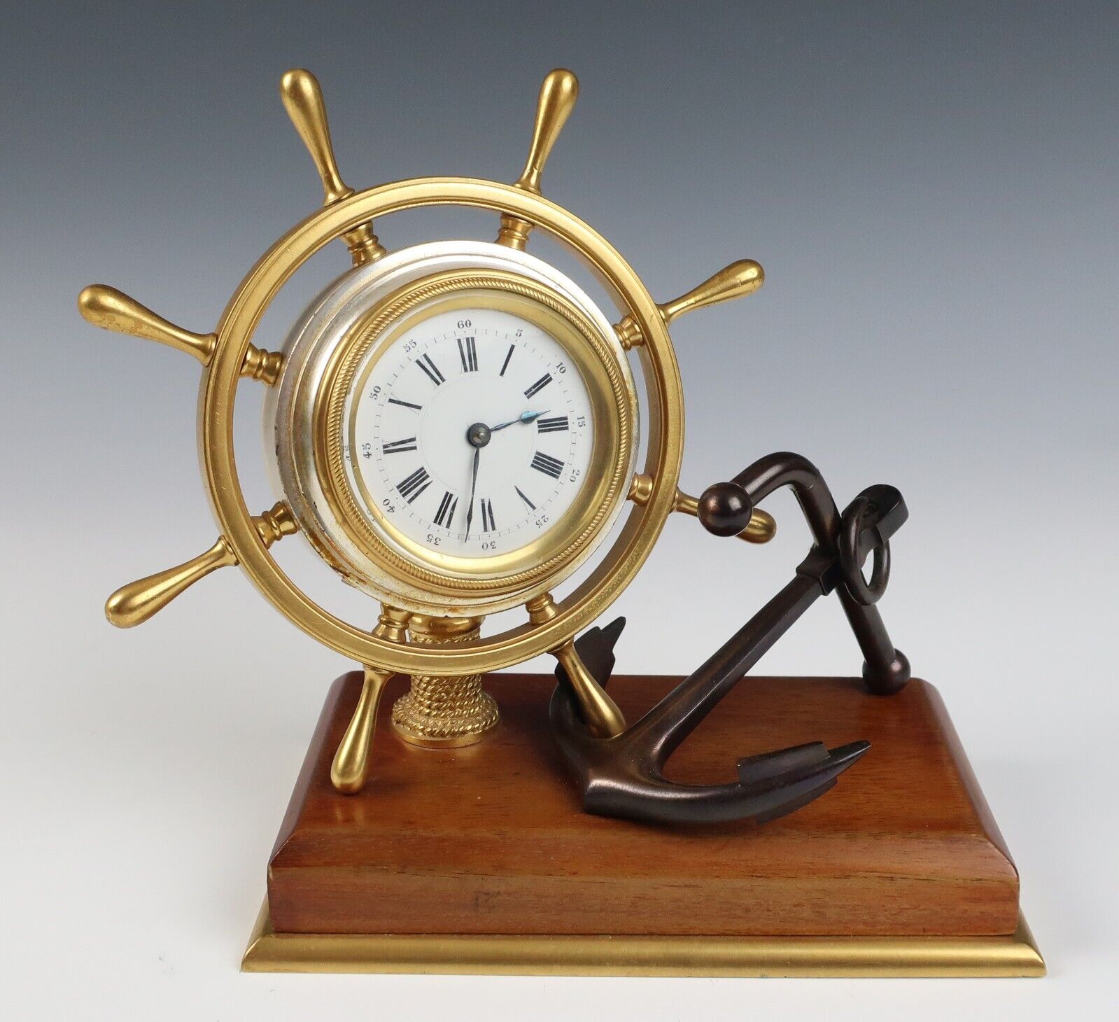 19th C. French Ships Wheel & Anchor Timepiece Nautical Desk Clock Bronze Antique