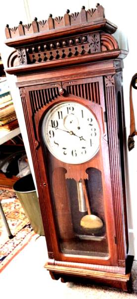 VINTAGE WM. GILBERT #10 WALNUT 51 1/2 INCH WALL CLOCK, WEIGHT DRIVEN