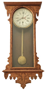 Regulator Wall Clock, Calendar, EN Welch, Eclipse Model, Oak, -Crest, c1880 33"t