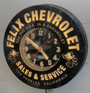 Felix Chevrolet  22" Curtis Neon Clock. W/white neon 110 volt, steel & Glass USA