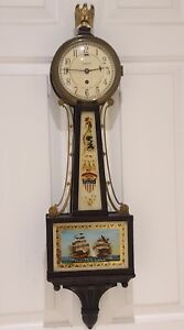Antique 1927 CHELSEA CLOCK 'US Constitution Ship' Mahogany Banjo Wall Clock 32"