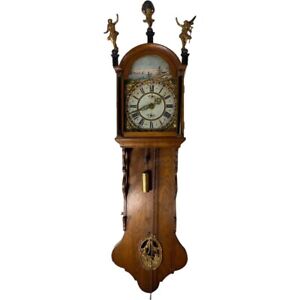 Antique Dutch Frisian Gilt Oak and Painted Iron Staartklok Wall Clock