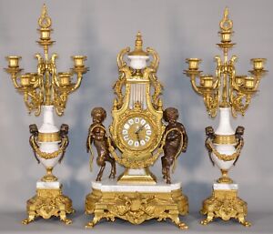 Antique Original Vintage Italian Bronze Dore Marble Cherub Clock Candelabras Set