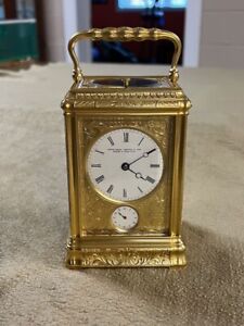 Vintage Gold Gilt Engraved French Carriage Clock with Chime and Alarm