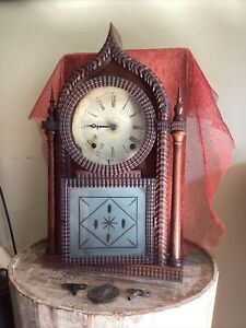 1850s Antique J.C BROWN Eight Day Mantle Clock Frosted Glass Rare FORESTVILLE Co