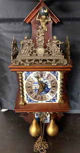 Vintage Zansee Delft Warmink Wuba Dutch 8 day Wall Clock - Delft Tiles & Weights