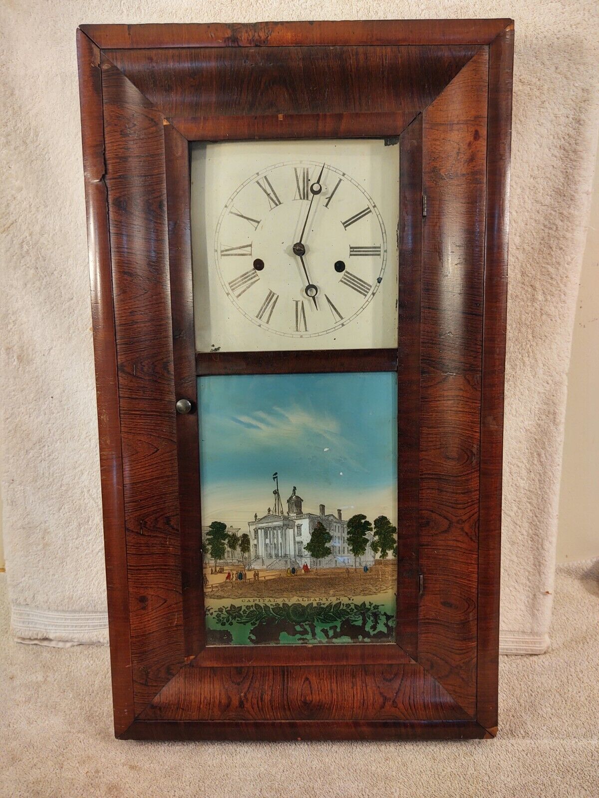 Antique E.N.Welch Wght.Drive 8 Day Clock Painted Door Capital Building Albany NY
