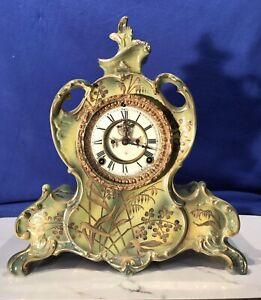 1882 ANTIQUE ANSONIA KEY WOUND,PORCELAIN CLOCK ,WITH 1755 BONN GERMANY CASE