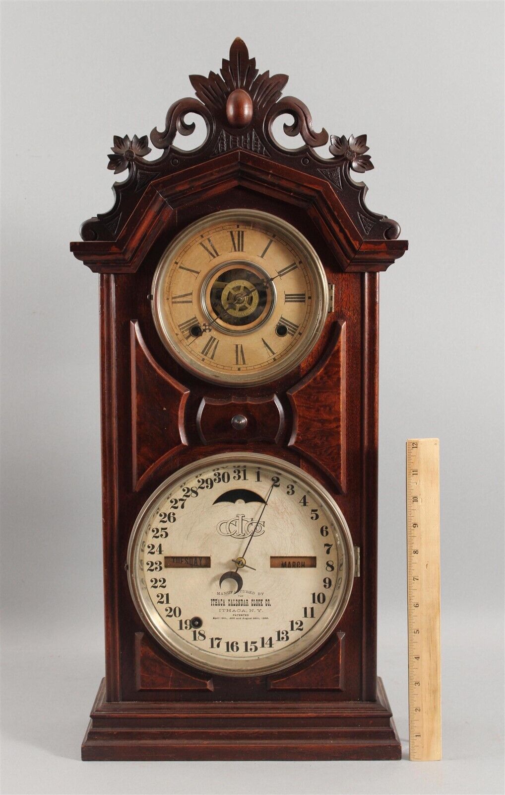 RARE Antique 19thC Ithaca Calendar Clock #8 Double Dial Carved Walnut & Ebony