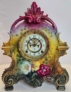 ANSONIA La Bretagne Royal Bonn Victorian Open Escapement Porcelain Mantel Clock