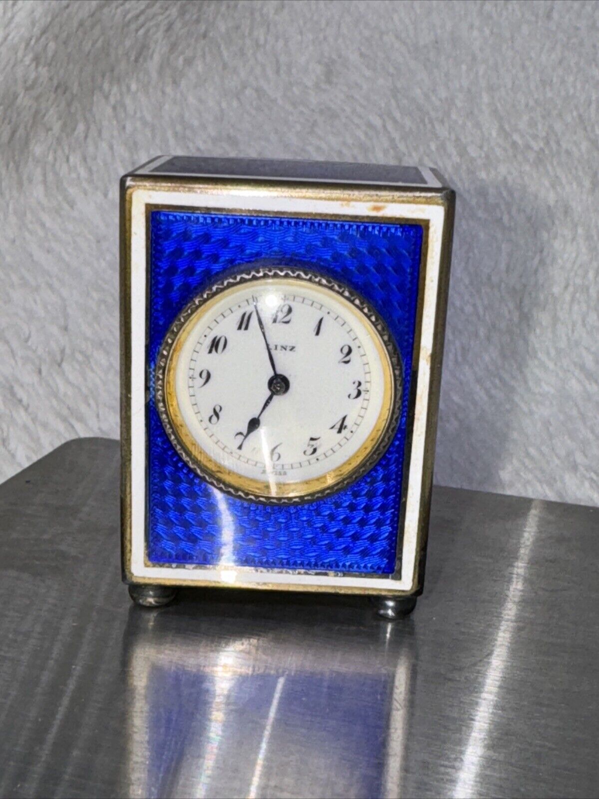 Edwardian Miniature GENEVE Guilloché Blue Enamel Clock Sterling & Fitted Case