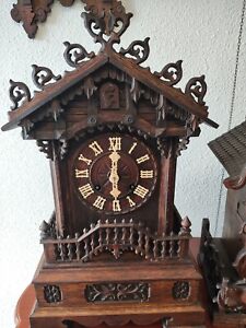 ANTIQUE GERMAN 8 DAY FUSEE BLACK FOREST  MANTLE GOTHIC CUCKOO CLOCK