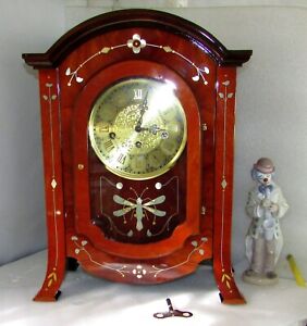 MAHOGANY MOTHER OF PEARL DRAGONFLY MANTEL CLOCK FRANZ HERMLE 340-020