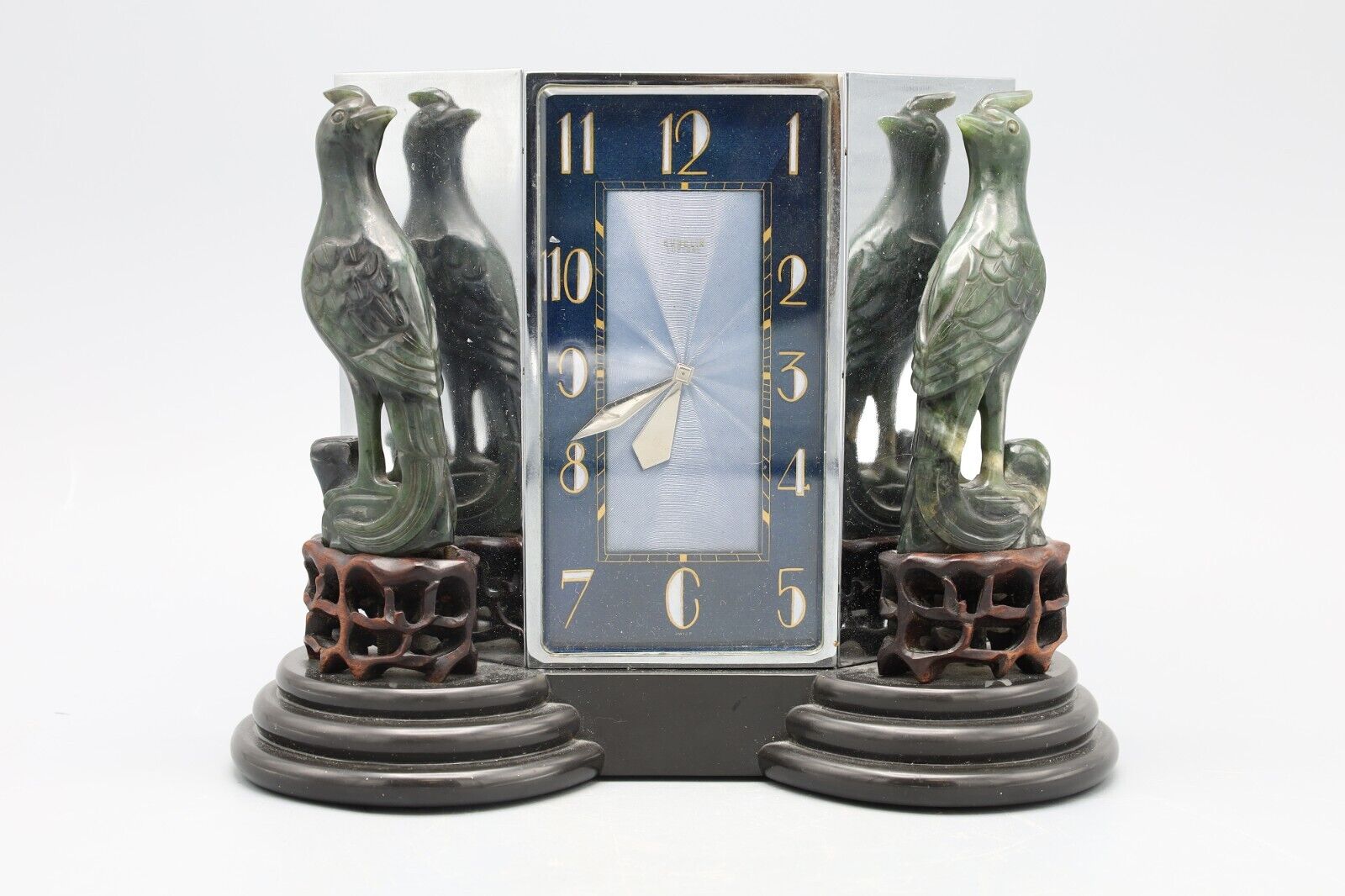 Art Deco 1930s E Gubelin Lucerne Desk Clock With Nephrite Chinese Phoenix Birds