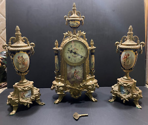 Vintage Bronze & Sevres style porcelain 3 piece 8 day mantle clock garniture set