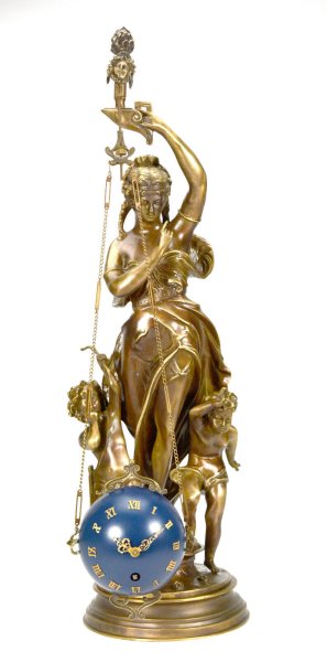 27" French Style Mystery Brass Lady Cherub Upside Down Chain Ball Swinging Clock
