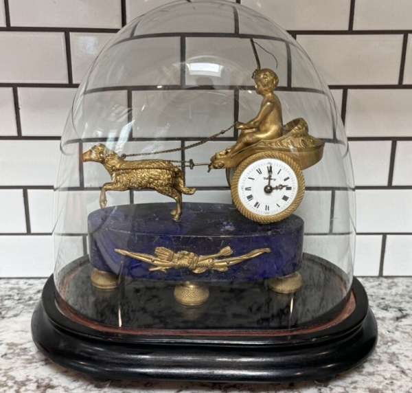 TIFFANY CLOCK CUPID’S CHARIOT  Domed Glass Top On Stand Marked L.R. 8268  AS IS