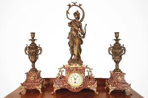 ANTIQUE FRENCH STATUE MANTEL CLOCK SET ~ MARBEL AND GOLD