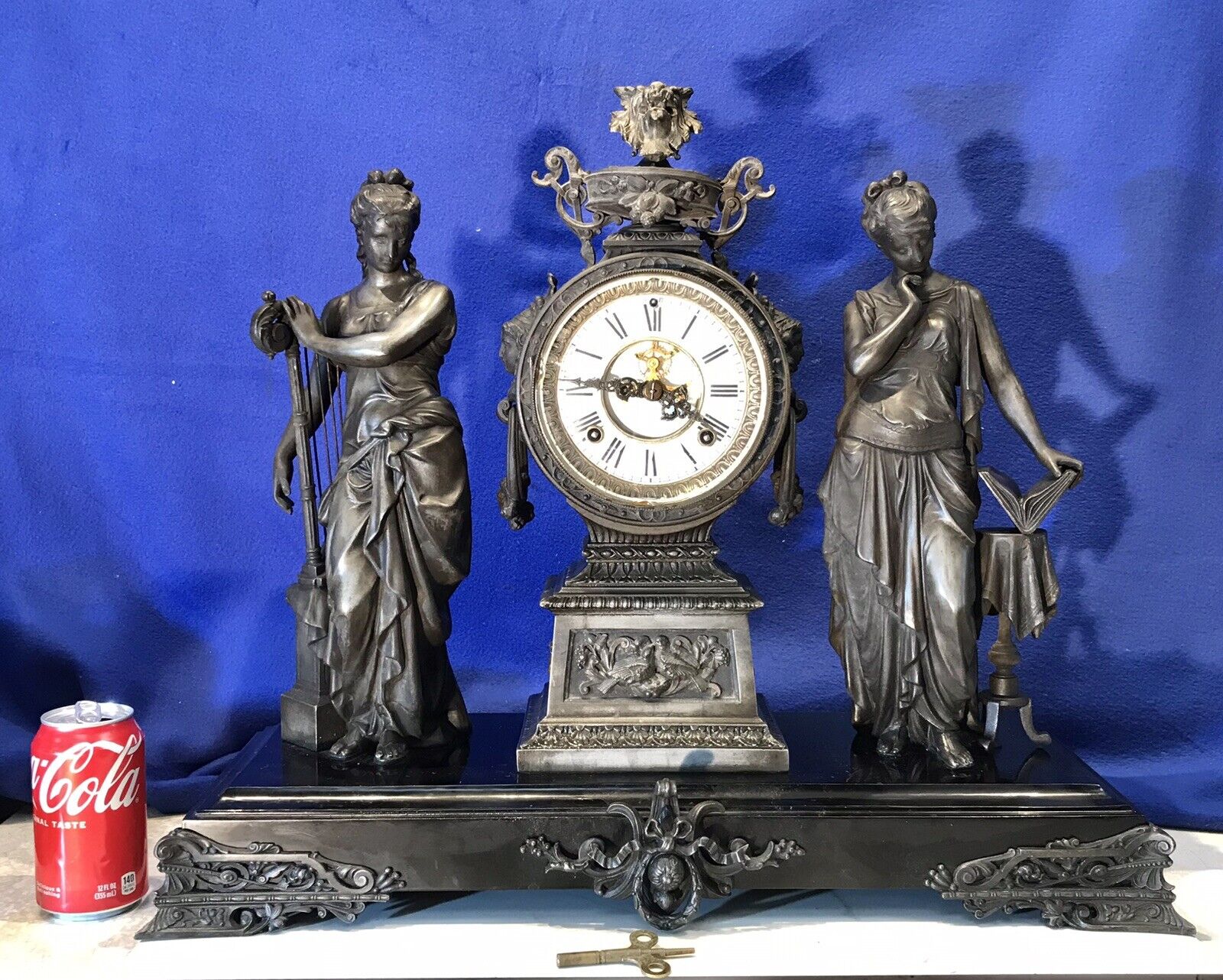 1882 LARGE VINTAGE ANTIQUE USA ANSONIA STRIKE,FIGURAL METAL BRONZE CLOCK